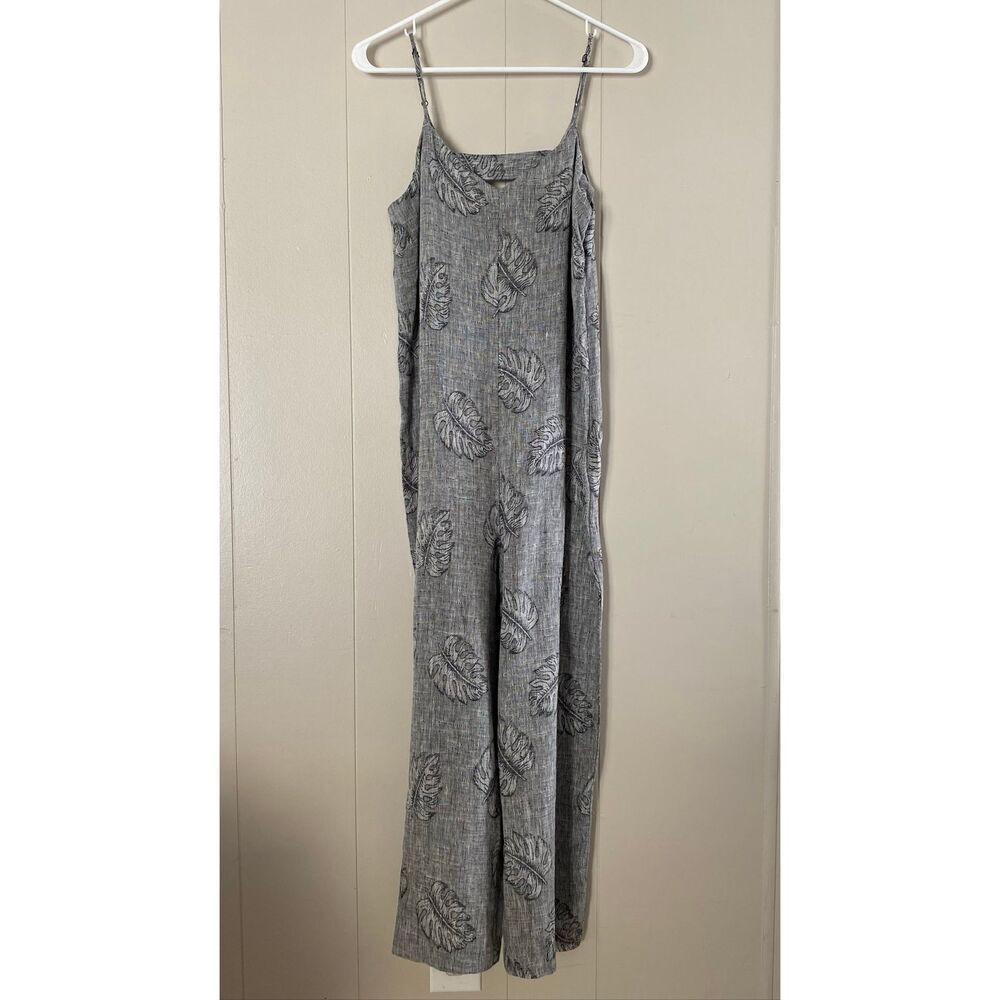 Corey Lynn Calter Jumpsuit Small • Gray Botanical Leaf Print • Wide Leg Linen Bl